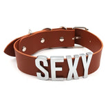 Personalized Sexy Puta Name Necklace on Brown Leather Choker