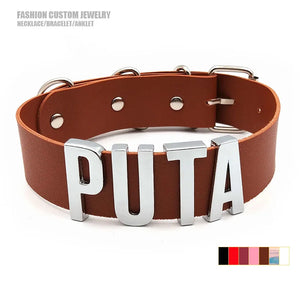 Personalized Sexy Puta Name Necklace on Brown Leather Choker