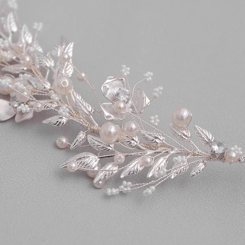 Silver Leaf Pearl Headband Tiara Bridal Hair Accessories Wedding Band