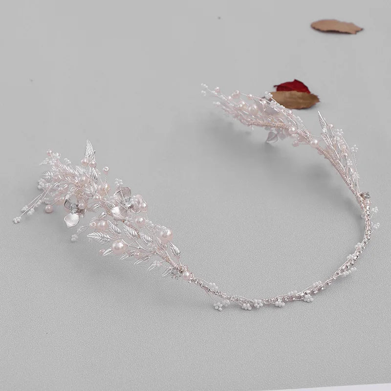 Silver Leaf Pearl Headband Tiara Bridal Hair Accessories Wedding Band