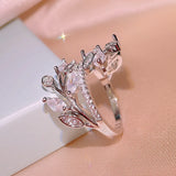 Silver Leaf Ring Zircon Inlaid Finger Ring Wedding Engagement Bridal Jewelry