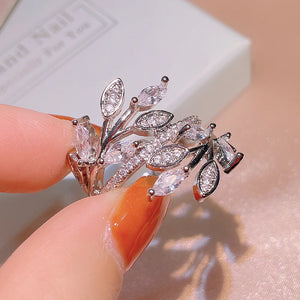 Silver Leaf Ring Zircon Inlaid Finger Ring Wedding Engagement Bridal Jewelry