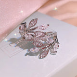 Silver Leaf Ring Zircon Inlaid Finger Ring Wedding Engagement Bridal Jewelry