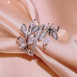 Silver Leaf Ring Zircon Inlaid Finger Ring Wedding Engagement Bridal Jewelry