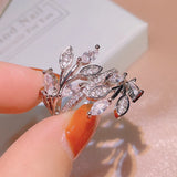 Silver Leaf Ring Zircon Inlaid Finger Ring Wedding Engagement Bridal Jewelry