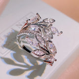 Silver Leaf Ring Zircon Inlaid Finger Ring Wedding Engagement Bridal Jewelry