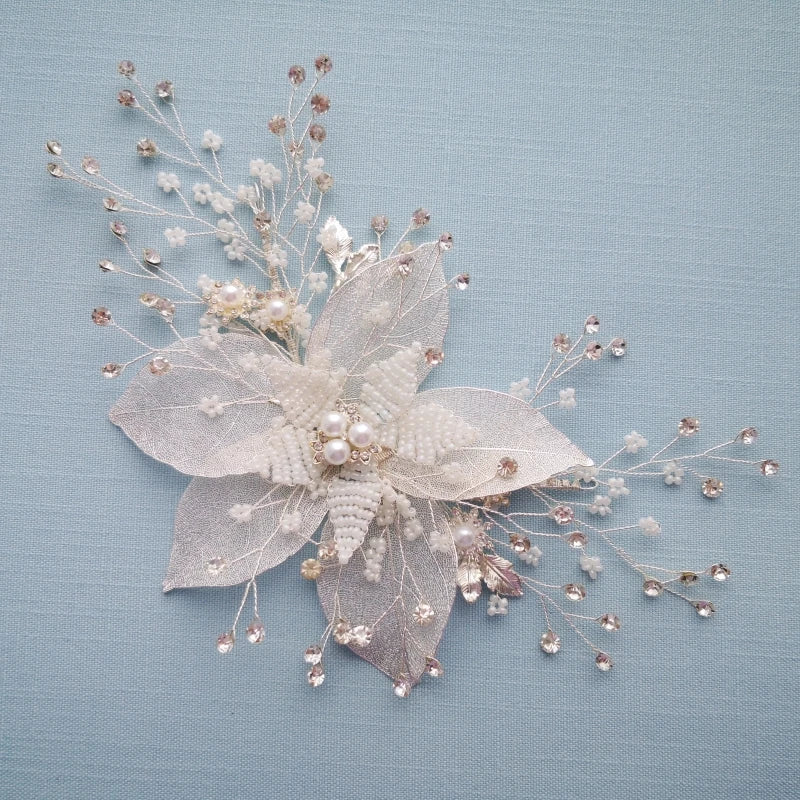 Silver Leaf Women Headpiece Wedding Hair Crown Comb Rhinestone Bridal Hair Piece