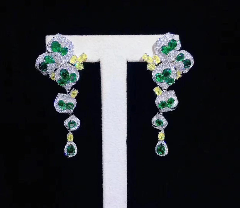 Long Drop Earrings Green Lab Emerald Flower Dangler Wedding Jewelry