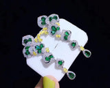 Long Drop Earrings Green Lab Emerald Flower Dangler Wedding Jewelry