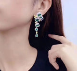 Long Drop Earrings Green Lab Emerald Flower Dangler Wedding Jewelry