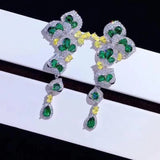 Long Drop Earrings Green Lab Emerald Flower Dangler Wedding Jewelry
