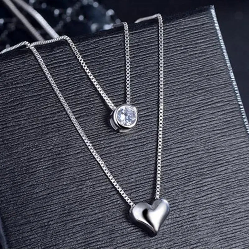 Double Layer Zircon Heart Pendants Necklace Women Choker Collares