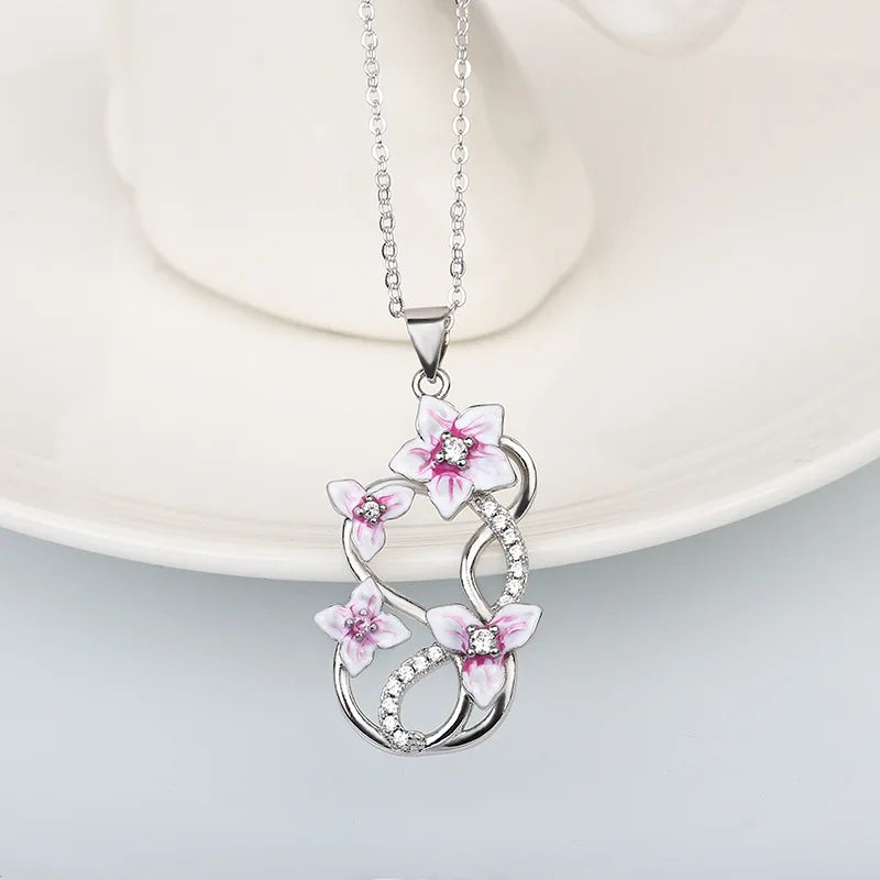 Vintage Flower Pendant Choker Necklace Silver Enamel Jewelry