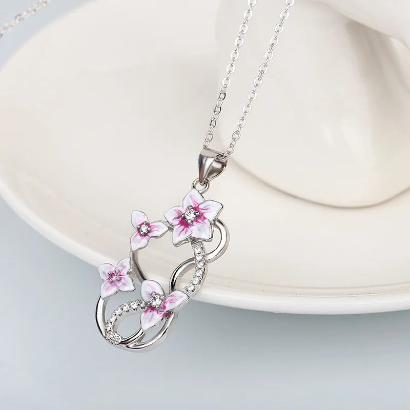 Vintage Flower Pendant Choker Necklace Silver Enamel Jewelry