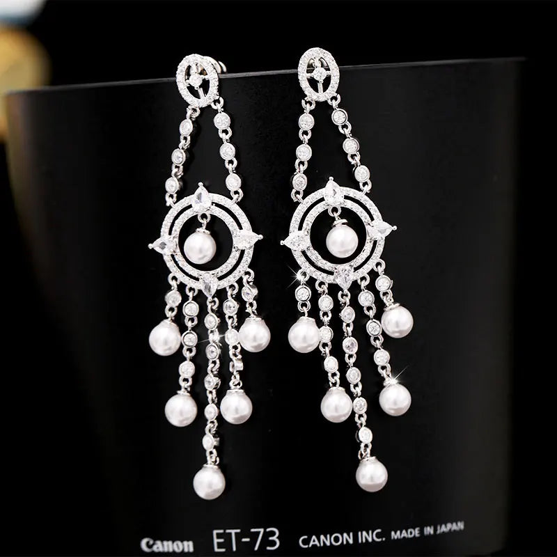 Silver Needle Tassel Earrings High Cubic Zircon Fine Jewelry
