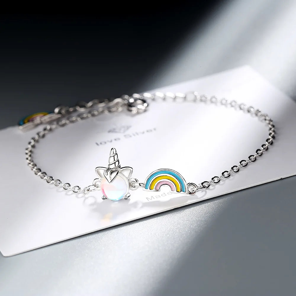 Silver Opal Rainbow Unicorn Charm Bracelet