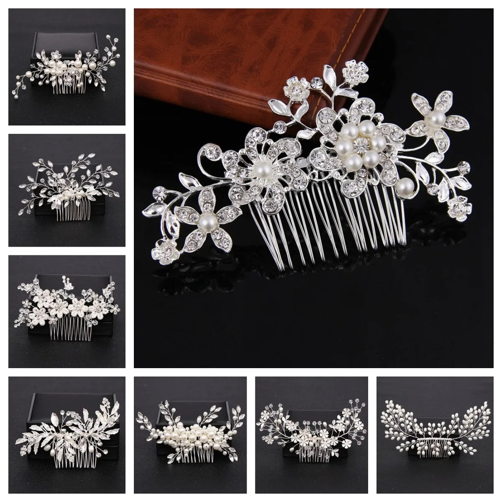 Silver Pearl Crystal Wedding Hair Combs Bridal Headpiece