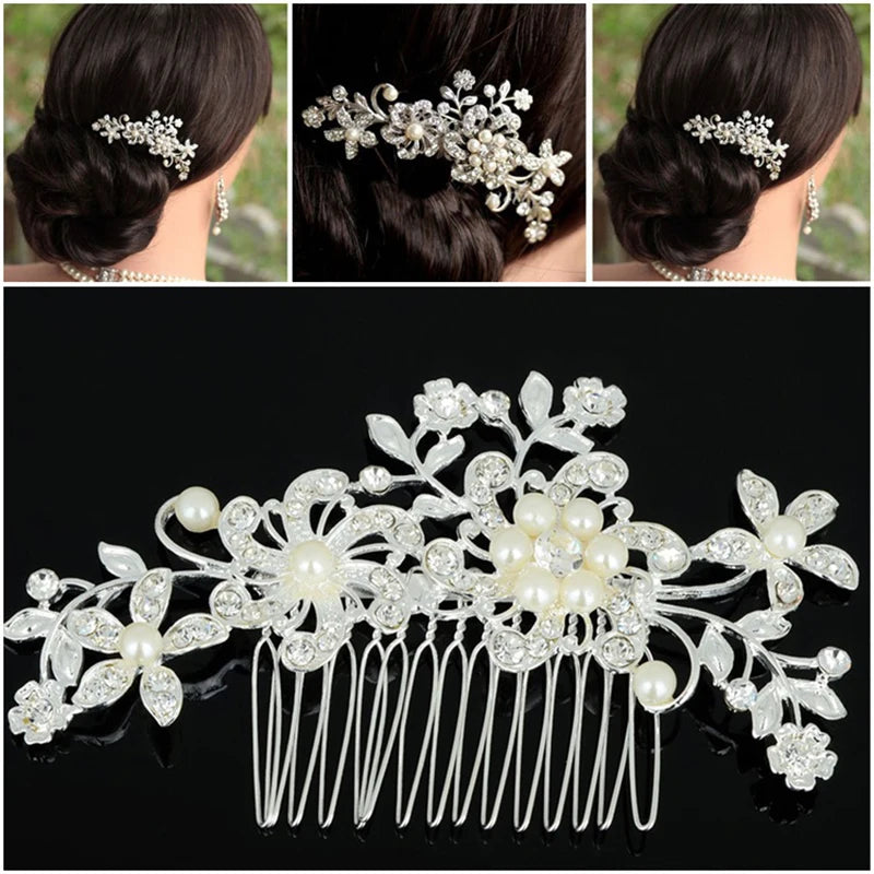 Silver Pearl Crystal Wedding Hair Combs Bridal Headpiece