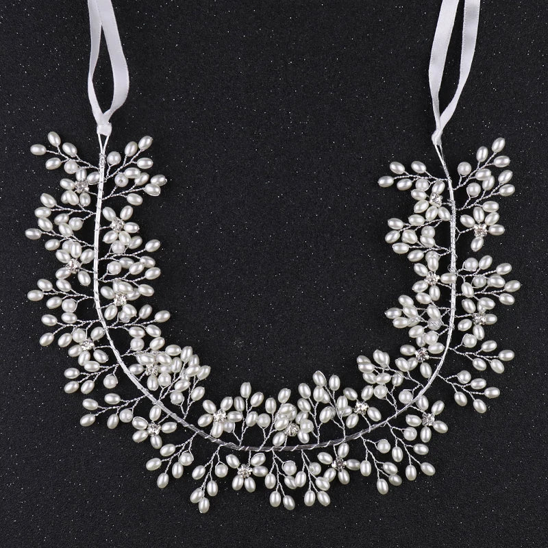 Silver Pearl Flower Hair Vine Band Tiara Headband Bride Wedding Hair Accessories