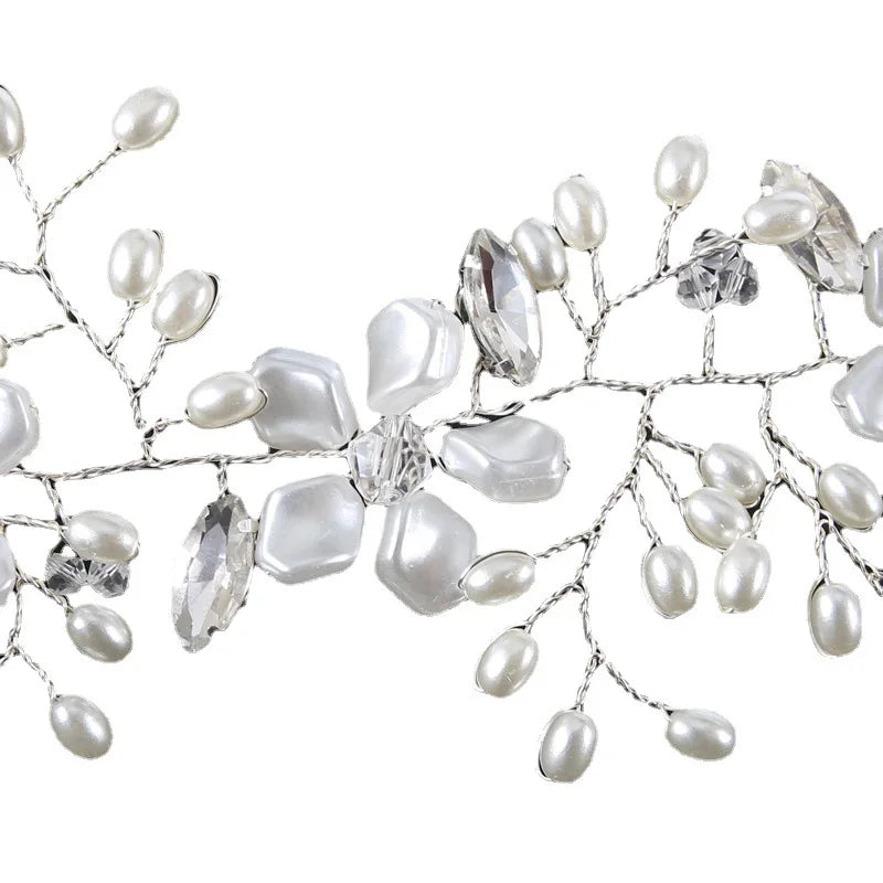 Silver Pearl Flower Headband Tiara For Women Bride Crystal Party Queen Bridal