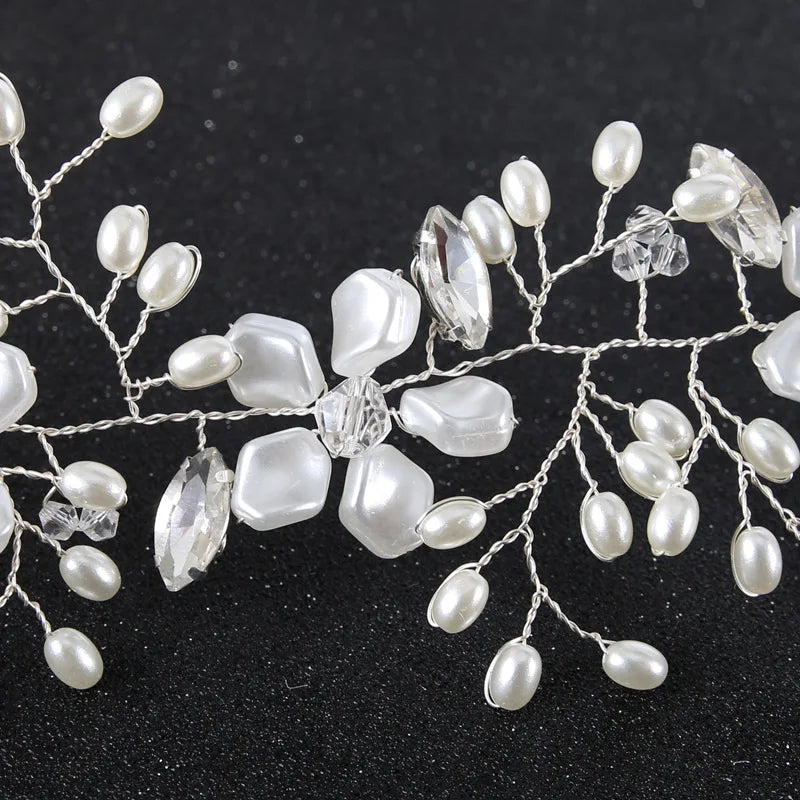 Silver Pearl Flower Headband Tiara For Women Bride Crystal Party Queen Bridal