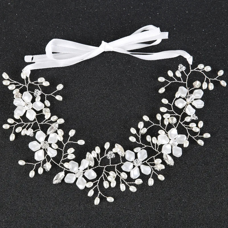 Silver Pearl Flower Headband Tiara For Women Bride Crystal Party Queen Bridal