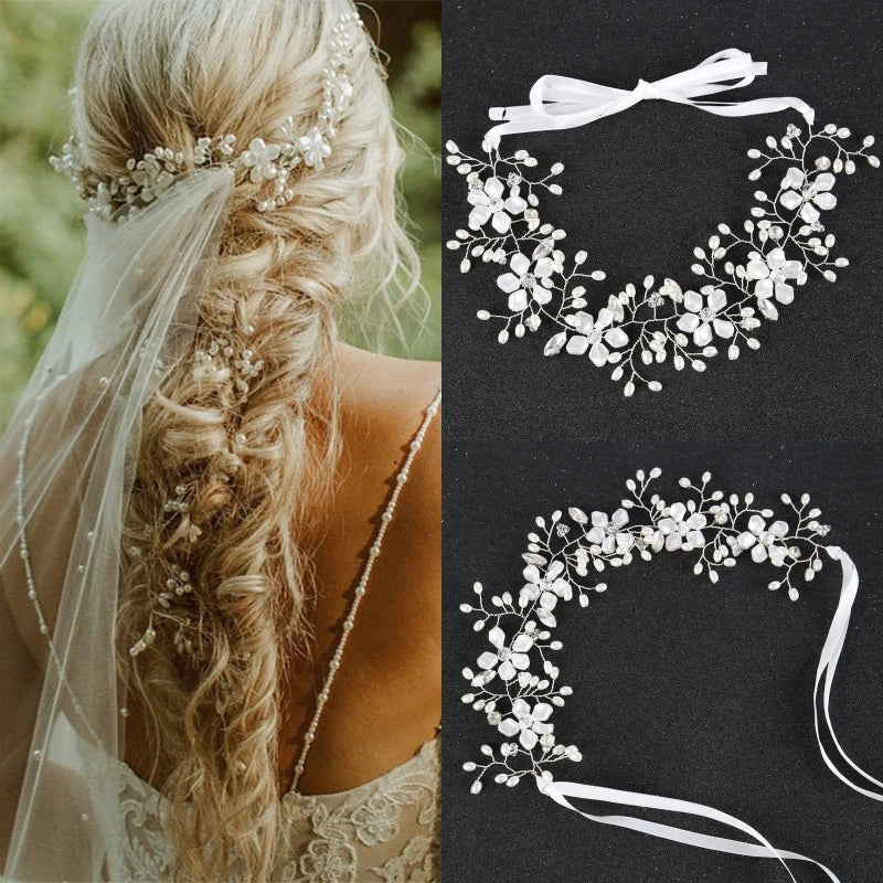 Silver Pearl Flower Headband Tiara For Women Bride Crystal Party Queen Bridal