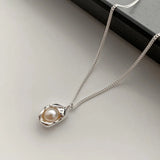 Silver Pearl Geometric Necklace Clavicle Chain