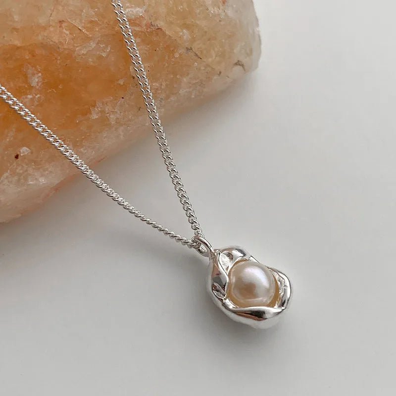 Silver Pearl Geometric Necklace Clavicle Chain