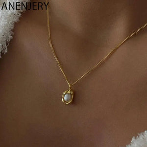 Silver Pearl Geometric Necklace Clavicle Chain