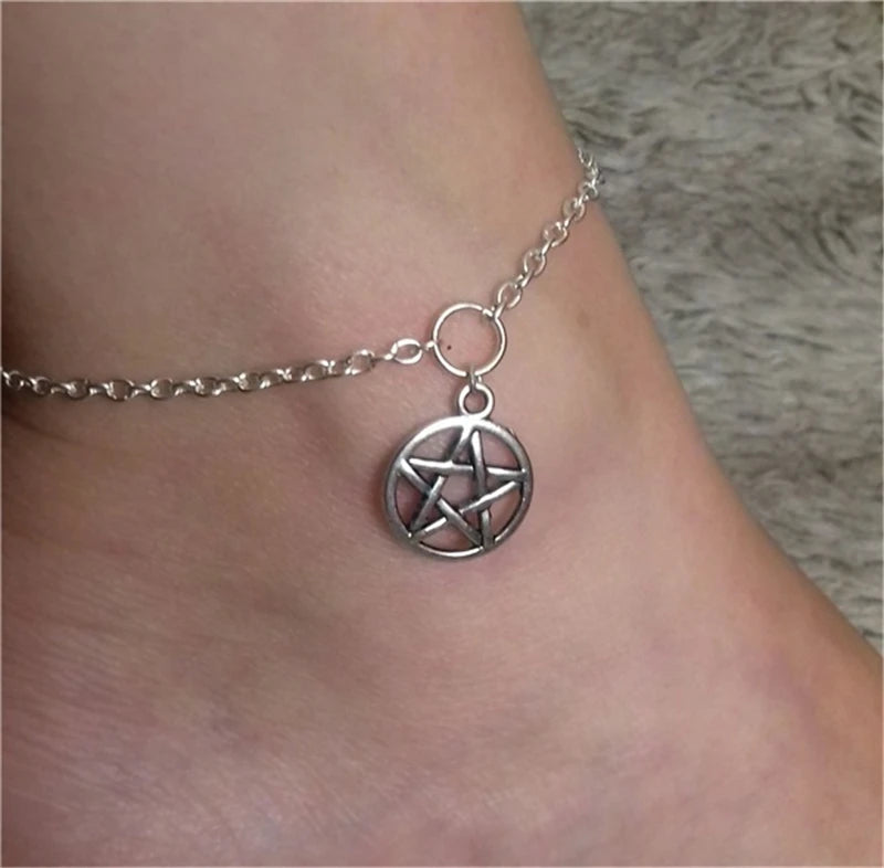 Silver Pentagram Anklet, Wicca Ankle Bracelet, Pagan Jewelry