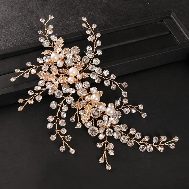 Silver Rhinestone Leaf Headband Tiara Pearl Crystal Hair Comb Bride Headpiece