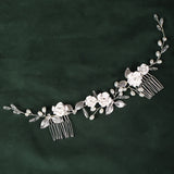Silver Rose Flowers Pearls Tiaras Hair Combs Leaf Crystal Two Combs