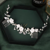 Silver Rose Flowers Pearls Tiaras Hair Combs Leaf Crystal Two Combs