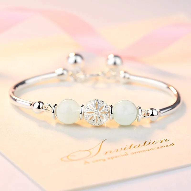 Silver Round Bead Charm Bracelet & Bangle for Women Girls Party Jewelry Gift