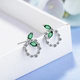 Silver Circle Shaped Earrings With Green Leaves Zircon Ear Studs