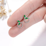 Silver Circle Shaped Earrings With Green Leaves Zircon Ear Studs