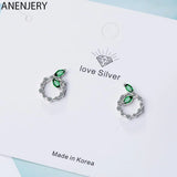 Silver Circle Shaped Earrings With Green Leaves Zircon Ear Studs