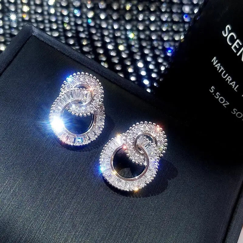Silver Round Zircon Stone Stud Earrings for Women