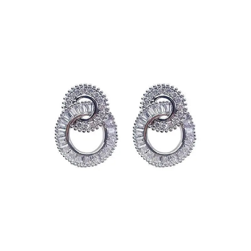 Silver Round Zircon Stone Stud Earrings for Women