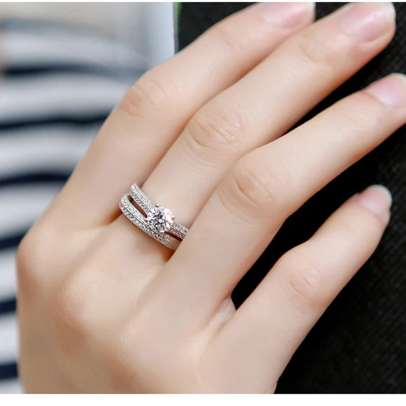 Silver Shining Zircon Ring Set, Women Wedding Ring Set