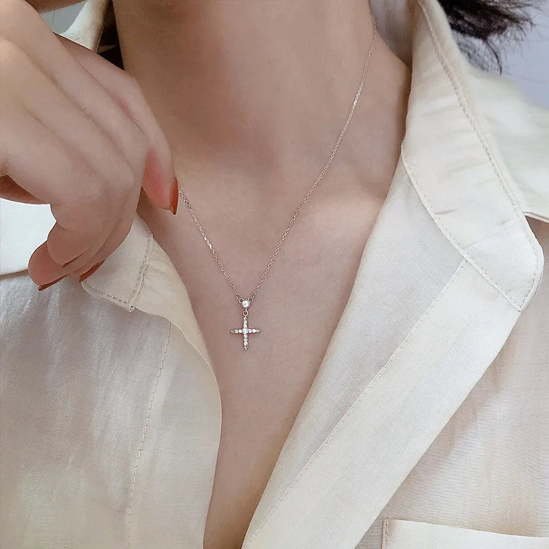 Silver Cross Pendant Necklace Zircon Clavicle Chain Wedding Jewelry