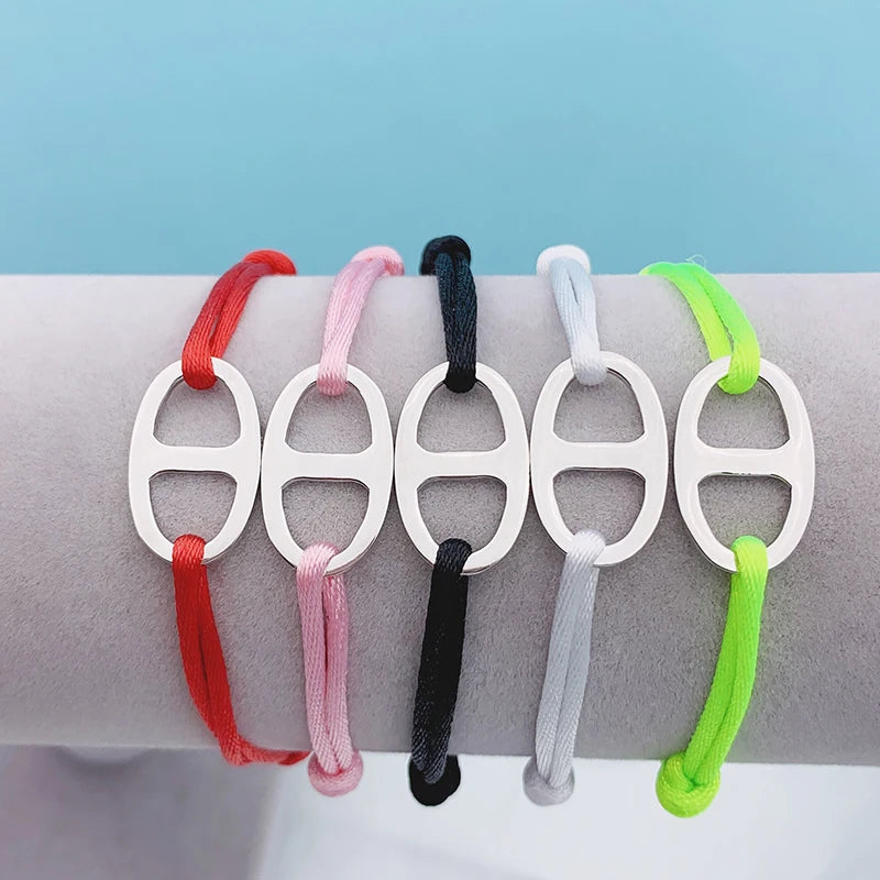 Silver Stainless Steel Bracelet Metal Buckle Ribbon Lace Up Chain Multicolor
