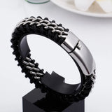 Silver Stainless Steel Leather Bracelet Men 18MM Wide Jewelry Gift