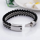 Silver Stainless Steel Leather Bracelet Men 18MM Wide Jewelry Gift