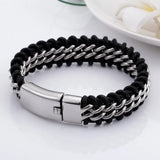 Silver Stainless Steel Leather Bracelet Men 18MM Wide Jewelry Gift