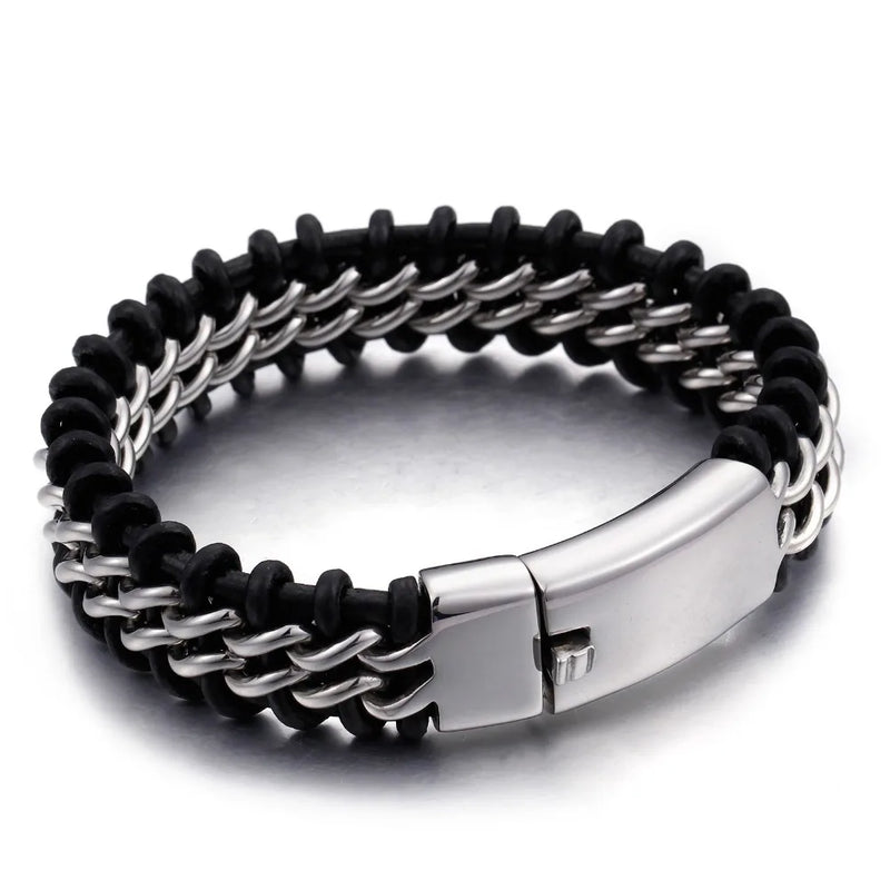 Silver Stainless Steel Leather Bracelet Men 18MM Wide Jewelry Gift