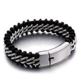 Silver Stainless Steel Leather Bracelet Men 18MM Wide Jewelry Gift