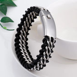 Silver Stainless Steel Leather Bracelet Men 18MM Wide Jewelry Gift