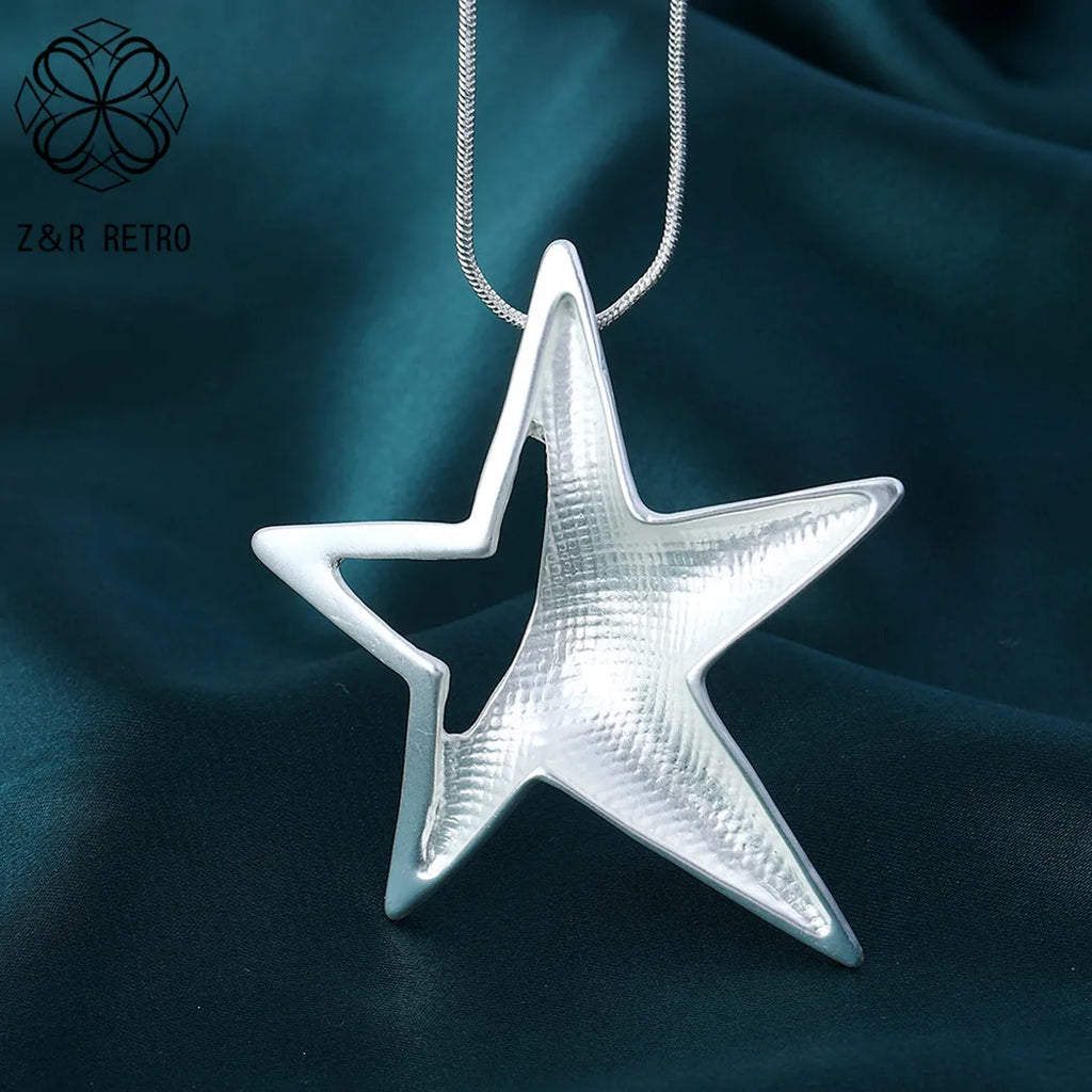 Silver Star Necklace for Women Long Chain Jewelry Goth